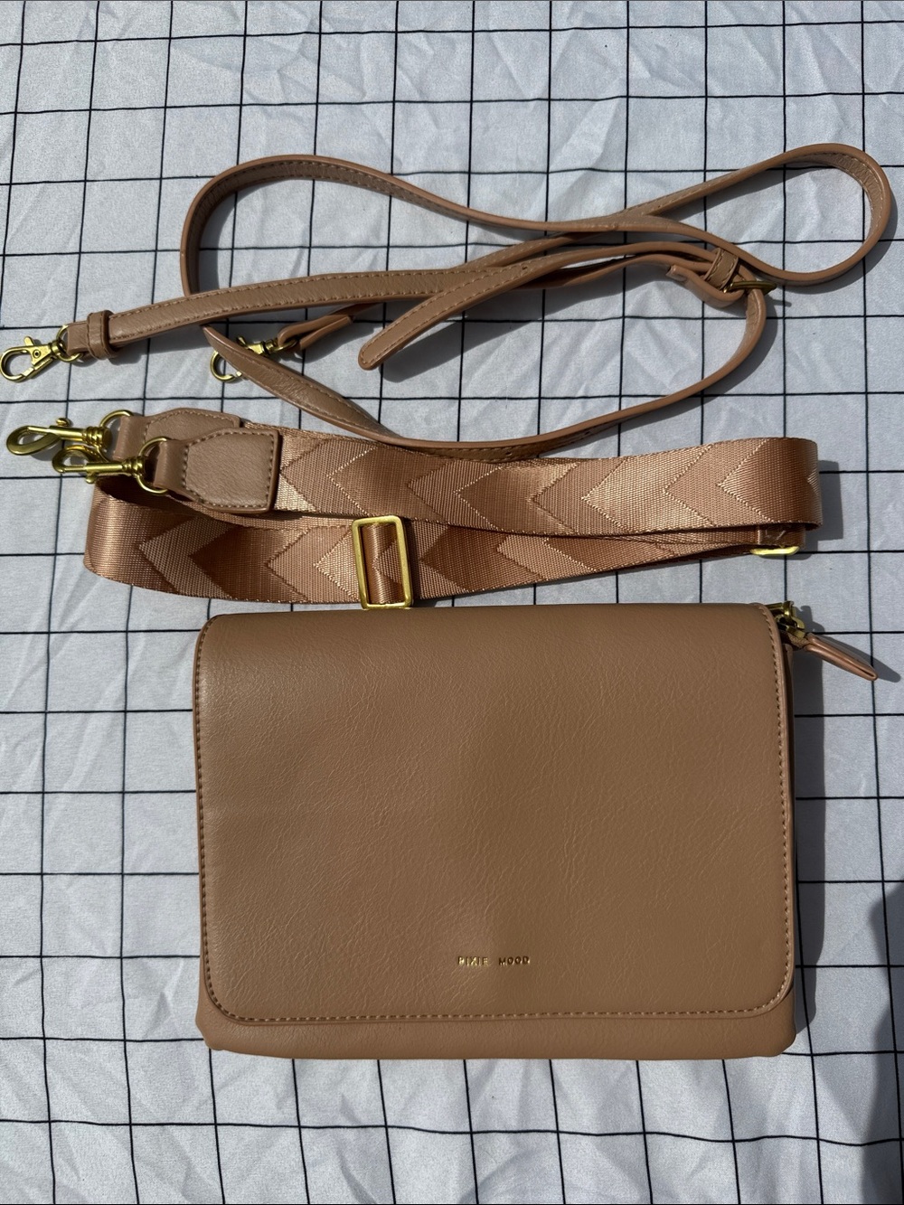 Pixie Mood Tan Crossbody Bag with Detachable Patterned Strap & Original Strap